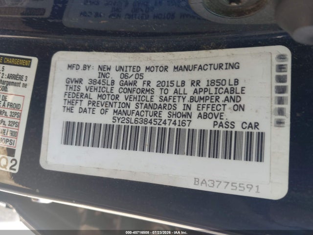 45716508 :رقم المزاد ، 5Y2SL63845Z474167 vin ، 2005 Pontiac Vibe مزاد بيع