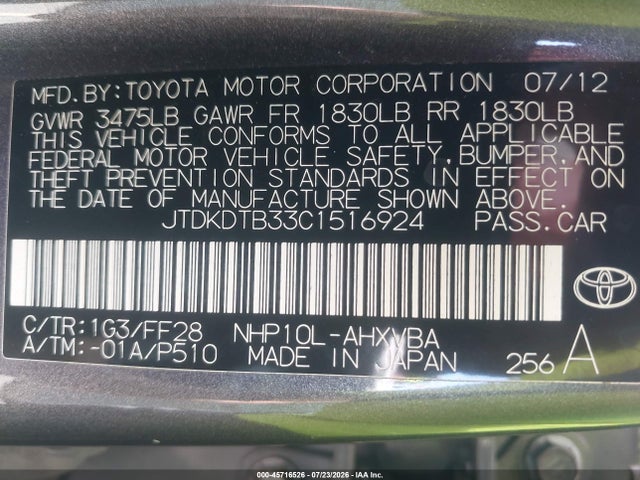 Aukcja sprzedaży 2012 Toyota Prius C Two, vin: JTDKDTB33C1516924, numer aukcji: 45716526