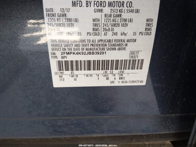 Продажа на аукционе авто 2018 Ford Edge Titanium, vin: 2FMPK4K92JBB39201, номер лота: 45716573