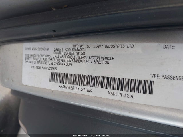 Продаж на аукціоні авто 2007 Subaru Legacy 2.5i, vin: 4S3BL616677203627, номер лоту: 45716578