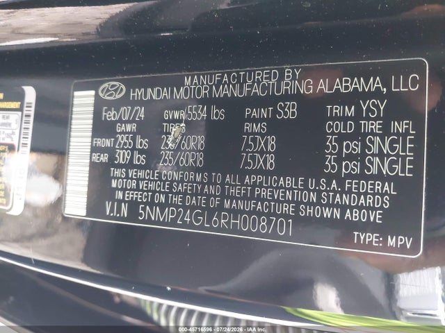 Aukcja sprzedaży 2024 Hyundai Santa Fe Sel, vin: 5NMP24GL6RH008701, numer aukcji: 45716596