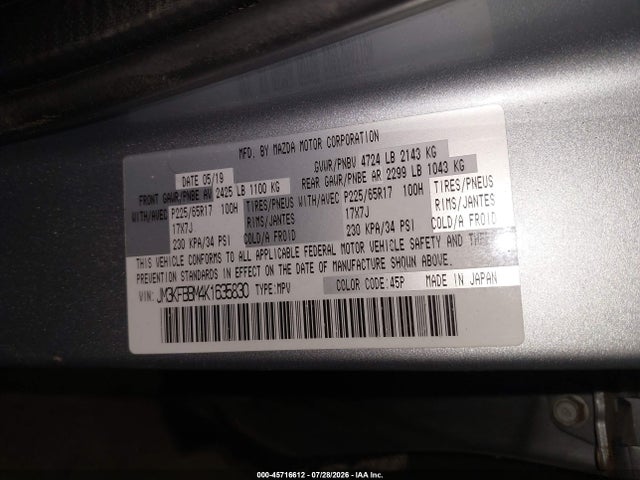 45716612 :رقم المزاد ، JM3KFBBM4K1635830 vin ، 2019 Mazda Cx-5 Sport مزاد بيع