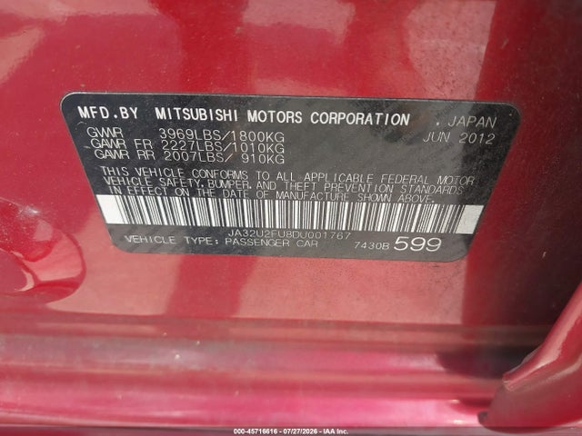 2013 Mitsubishi Lancer Es მანქანა იყიდება აუქციონზე, vin: JA32U2FU8DU001767, აუქციონის ნომერი: 45716616