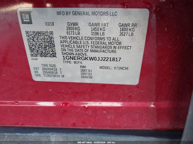 1GNERGKW0JJ221817 Chevrolet Traverse Lt Cloth