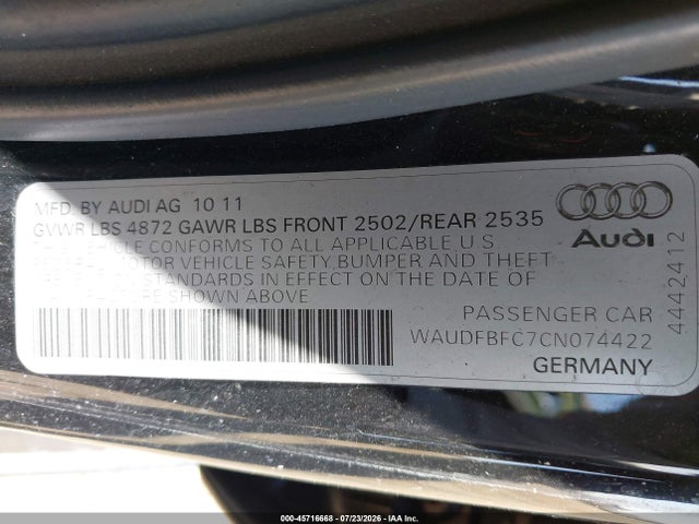 Aukcja sprzedaży 2012 Audi A6 2.0t Premium Plus, vin: WAUDFBFC7CN074422, numer aukcji: 45716668
