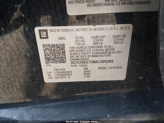 2021 Gmc Sierra 1500 4wd  Short Box At4 მანქანა იყიდება აუქციონზე, vin: 3GTU9EET9MG309281, აუქციონის ნომერი: 45716680