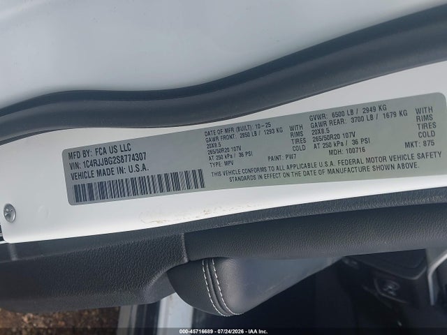2025 Jeep Grand Cherokee L Limited 4x2 მანქანა იყიდება აუქციონზე, vin: 1C4RJJBG2S8774307, აუქციონის ნომერი: 45716689