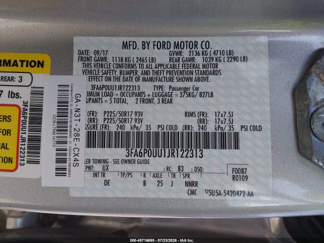 3FA6P0UU1JR122313 Ford Fusion Hybrid S