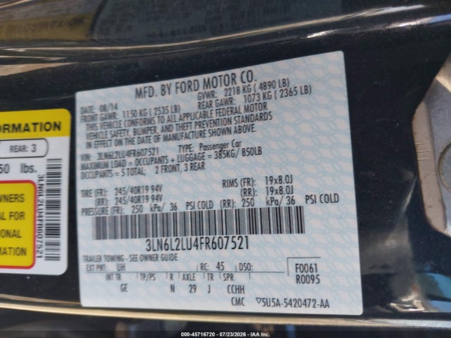 Aukcja sprzedaży 2015 Lincoln Mkz Hybrid, vin: 3LN6L2LU4FR607521, numer aukcji: 45716720