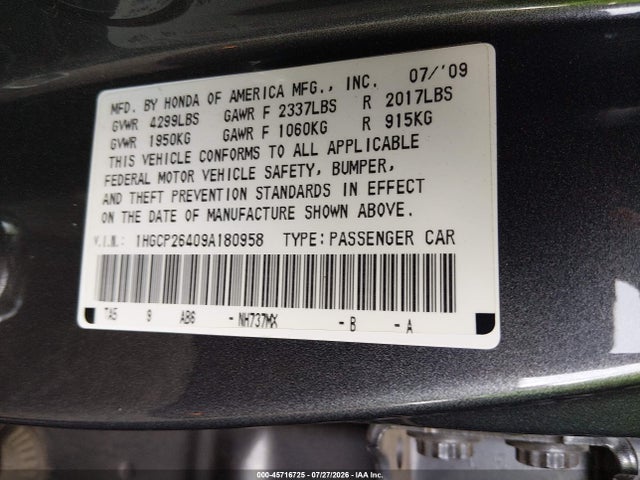 2009 Honda Accord 2.4 Lx-p მანქანა იყიდება აუქციონზე, vin: 1HGCP26409A180958, აუქციონის ნომერი: 45716725