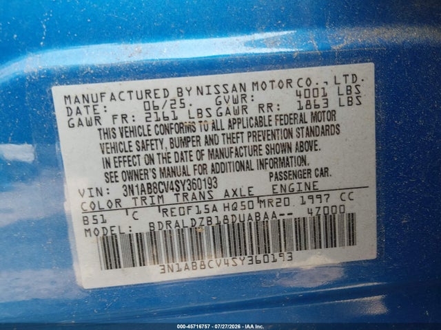 Aukcja sprzedaży 2025 Nissan Sentra Sv, vin: 3N1AB8CV4SY360193, numer aukcji: 45716757