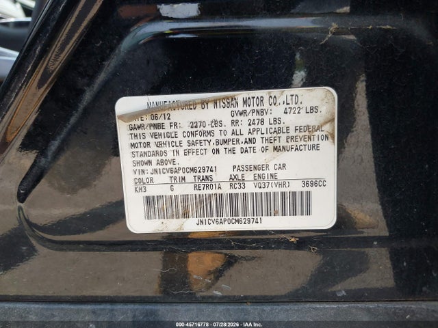 45716778 :رقم المزاد ، JN1CV6AP0CM629741 vin ، 2012 Infiniti G37 Journey مزاد بيع