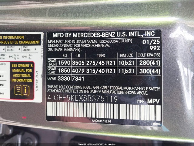 Aukcja sprzedaży 2025 Mercedes-benz Gls 450 4matic, vin: 4JGFF5KEXSB375119, numer aukcji: 45716785