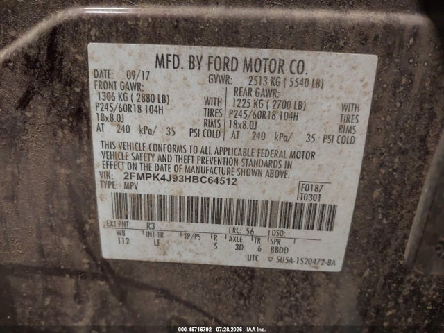 2017 Ford Edge Sel მანქანა იყიდება აუქციონზე, vin: 2FMPK4J93HBC64512, აუქციონის ნომერი: 45716792