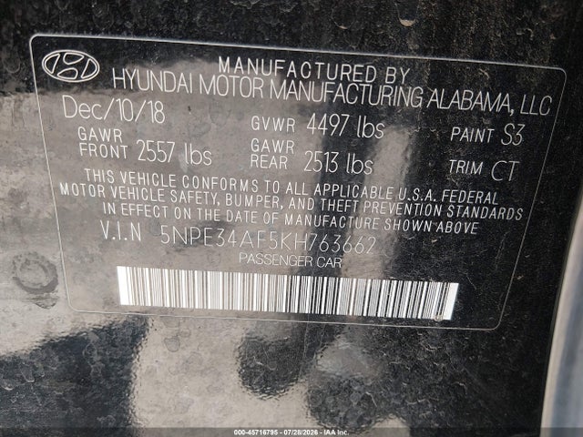 Продажа на аукционе авто 2019 Hyundai Sonata Sport, vin: 5NPE34AF5KH763662, номер лота: 45716795