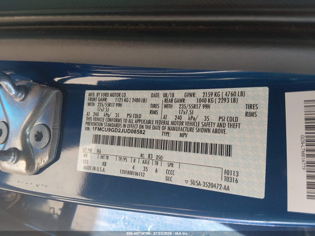 Auction sale of the 2018 Ford Escape Se, vin: 1FMCU9GD2JUD08582, lot number: 45716796