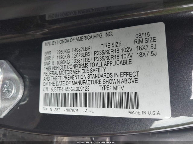 Продажа на аукционе авто 2016 Acura Rdx Technology   Acurawatch Plus Packages/technology Package, vin: 5J8TB4H53GL009123, номер лота: 45716818