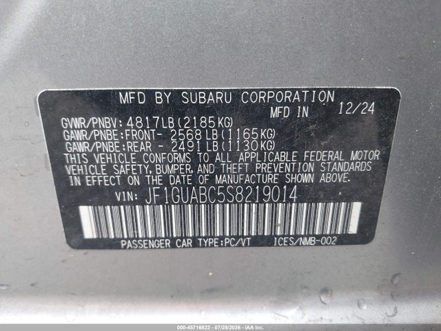 45716822 :رقم المزاد ، JF1GUABC5S8219014 vin ، 2025 Subaru Impreza Base 5-door مزاد بيع