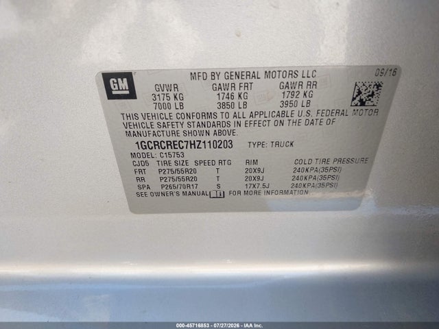 45716853 :رقم المزاد ، 1GCRCREC7HZ110203 vin ، 2017 Chevrolet Silverado 1500 1lt مزاد بيع
