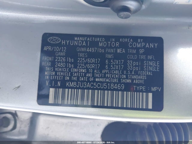 45716860 :رقم المزاد ، KM8JU3AC5CU518469 vin ، 2012 Hyundai Tucson Gls مزاد بيع