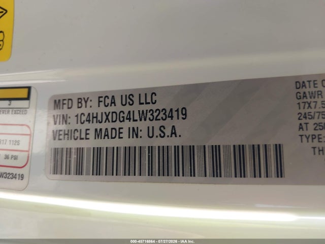 Aukcja sprzedaży 2020 Jeep Wrangler Unlimited Sport S 4x4, vin: 1C4HJXDG4LW323419, numer aukcji: 45716864