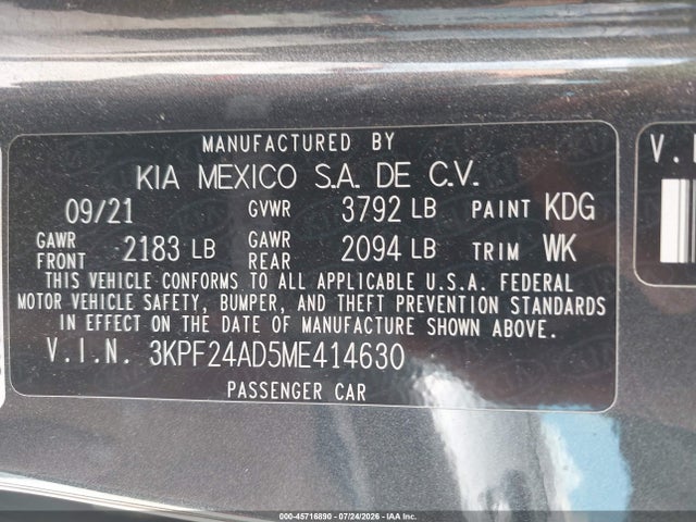 Продажа на аукционе авто 2021 Kia Forte Lxs, vin: 3KPF24AD5ME414630, номер лота: 45716890
