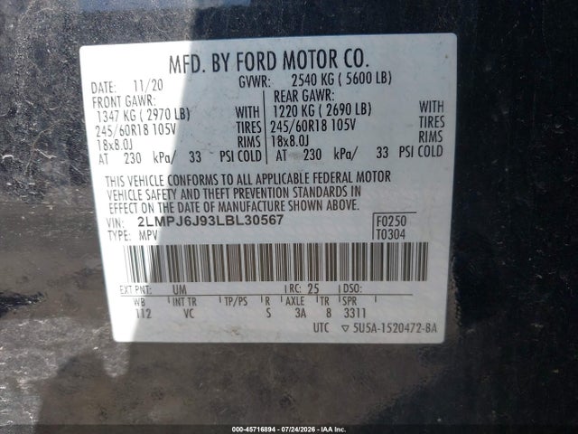 Продаж на аукціоні авто 2020 Lincoln Nautilus Standard, vin: 2LMPJ6J93LBL30567, номер лоту: 45716894