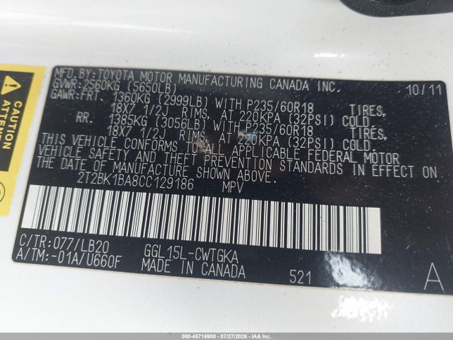 Продажа на аукционе авто 2012 Lexus Rx 350, vin: 2T2BK1BA8CC129186, номер лота: 45716900