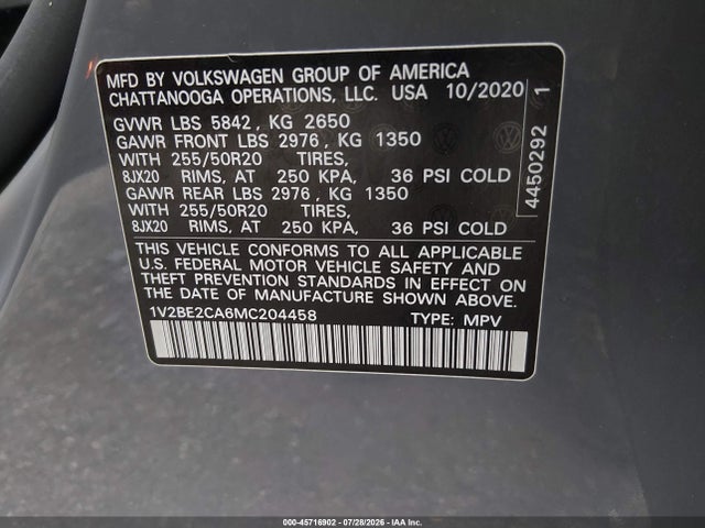 Aukcja sprzedaży 2021 Volkswagen Atlas Cross Sport 3.6l V6 Sel, vin: 1V2BE2CA6MC204458, numer aukcji: 45716902