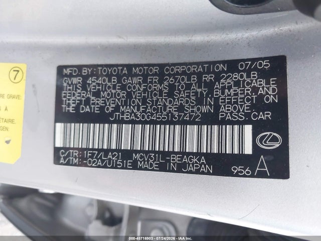 Aukcja sprzedaży 2005 Lexus Es 330, vin: JTHBA30G455137472, numer aukcji: 45716903