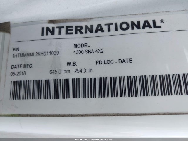 45716913 :رقم المزاد ، 1HTMMMML2KH011039 vin ، 2019 International Durastar 4300 مزاد بيع