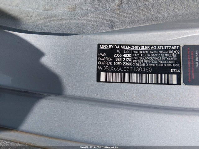 Aukcja sprzedaży 2003 Mercedes-benz Clk 320, vin: WDBLK65G03T130460, numer aukcji: 45716929