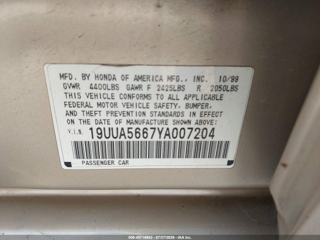 45716952 :رقم المزاد ، 19UUA5667YA007204 vin ، 2000 Acura Tl 3.2 مزاد بيع