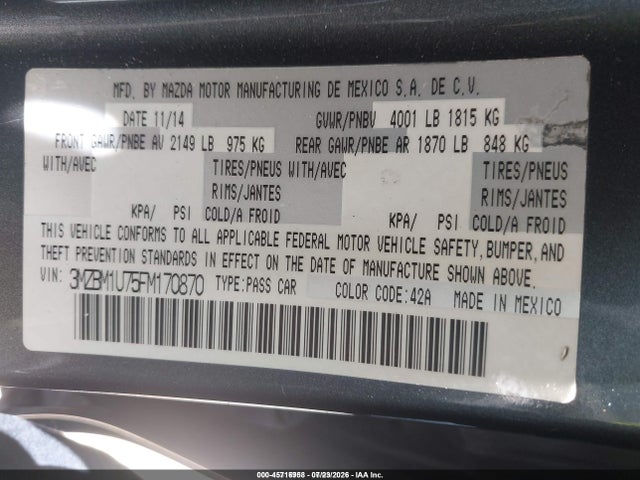 45716958 :رقم المزاد ، 3MZBM1U75FM170870 vin ، 2015 Mazda Mazda3 مزاد بيع