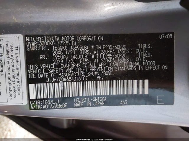Aukcja sprzedaży 2008 Lexus Lx 570, vin: JTJHY00W684016107, numer aukcji: 45716965