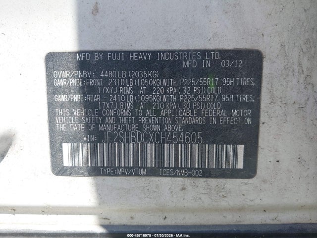 Продажа на аукционе авто 2012 Subaru Forester 2.5x Premium, vin: JF2SHBDCXCH454605, номер лота: 45716975