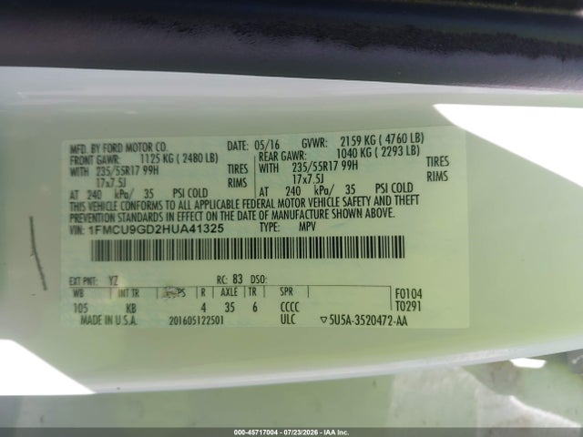 1FMCU9GD2HUA41325 Ford ESCAPE SE