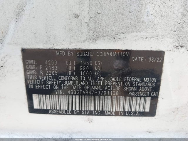 45717005 :رقم المزاد ، 4S3GTAB67P3701138 vin ، 2023 Subaru Impreza Base 5-door مزاد بيع