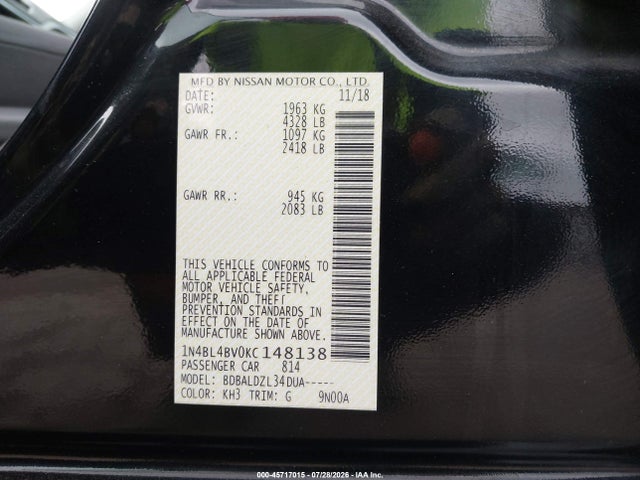 Nissan Altima 2.5 S 2019 1N4BL4BV0KC148138 Image 9