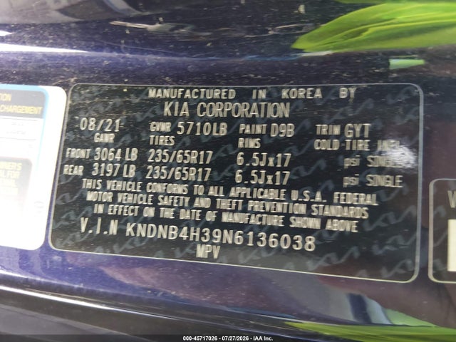 2022 Kia Carnival Mpv Lx Seat Package მანქანა იყიდება აუქციონზე, vin: KNDNB4H39N6136038, აუქციონის ნომერი: 45717026