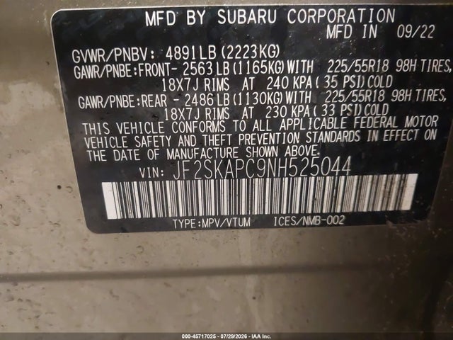 Aukcja sprzedaży 2022 Subaru Forester Limited, vin: JF2SKAPC9NH525044, numer aukcji: 45717025