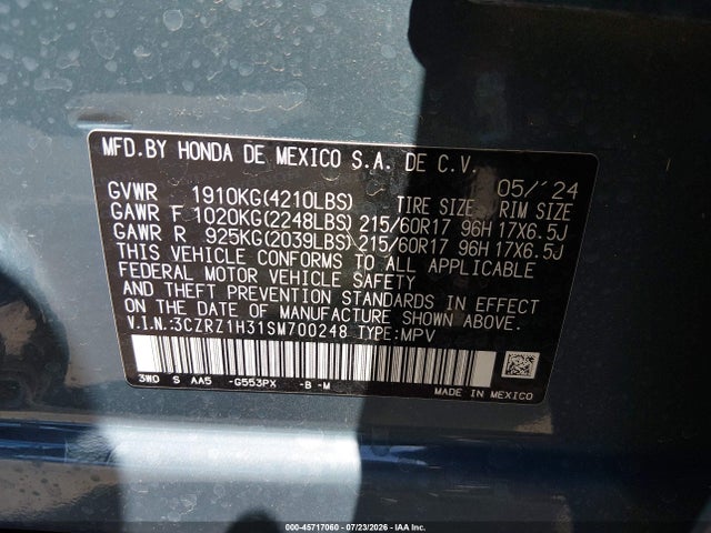 45717060 :رقم المزاد ، 3CZRZ1H31SM700248 vin ، 2025 Honda Hr-v 2wd Lx مزاد بيع