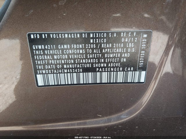 45717063 :رقم المزاد ، 3VWDX7AJ4CM453436 vin ، 2012 Volkswagen Jetta 2.5l Se مزاد بيع