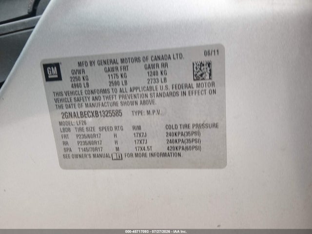 45717093 :رقم المزاد ، 2GNALBECXB1325585 vin ، 2011 Chevrolet Equinox Ls مزاد بيع