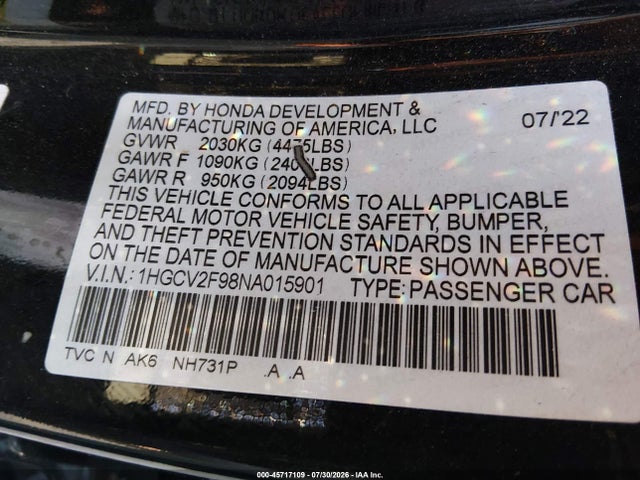 45717109 :رقم المزاد ، 1HGCV2F98NA015901 vin ، 2022 Honda Accord Touring مزاد بيع