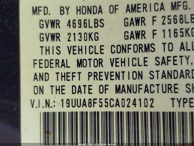 45717135 :رقم المزاد ، 19UUA8F55CA024102 vin ، 2012 Acura Tl 3.5 مزاد بيع