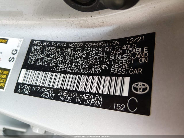 45717138 :رقم المزاد ، JTDEPMAE8N3007870 vin ، 2022 Toyota Corolla Le مزاد بيع