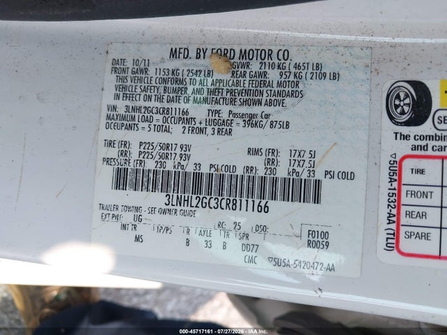 Aukcja sprzedaży 2012 Lincoln Mkz, vin: 3LNHL2GC3CR811166, numer aukcji: 45717161