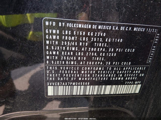 45717181 :رقم المزاد ، 3VVCB7AX7PM045568 vin ، 2023 Volkswagen Tiguan 2.0t Se R-line Black مزاد بيع