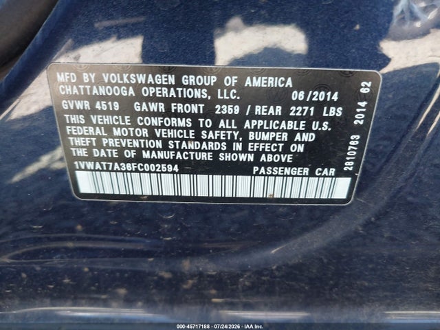 2015 Volkswagen Passat 1.8t Wolfsburg Edition მანქანა იყიდება აუქციონზე, vin: 1VWAT7A36FC002594, აუქციონის ნომერი: 45717188